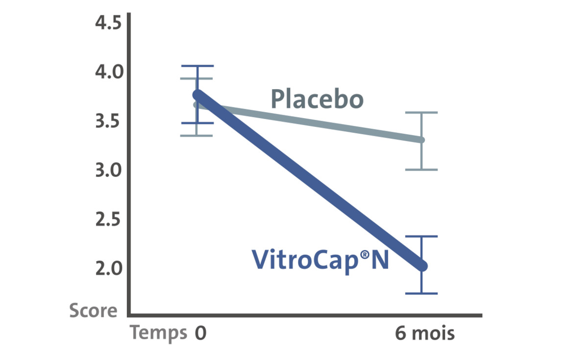 corps flottants disparus amélioration significative de la perception subjective des perturbations visuelles après une supplémentation en L-lysine, vitamine C, extrait de Vitis vinifera (procyanidines), zinc, et flavonoïdes de Citrus aurantium